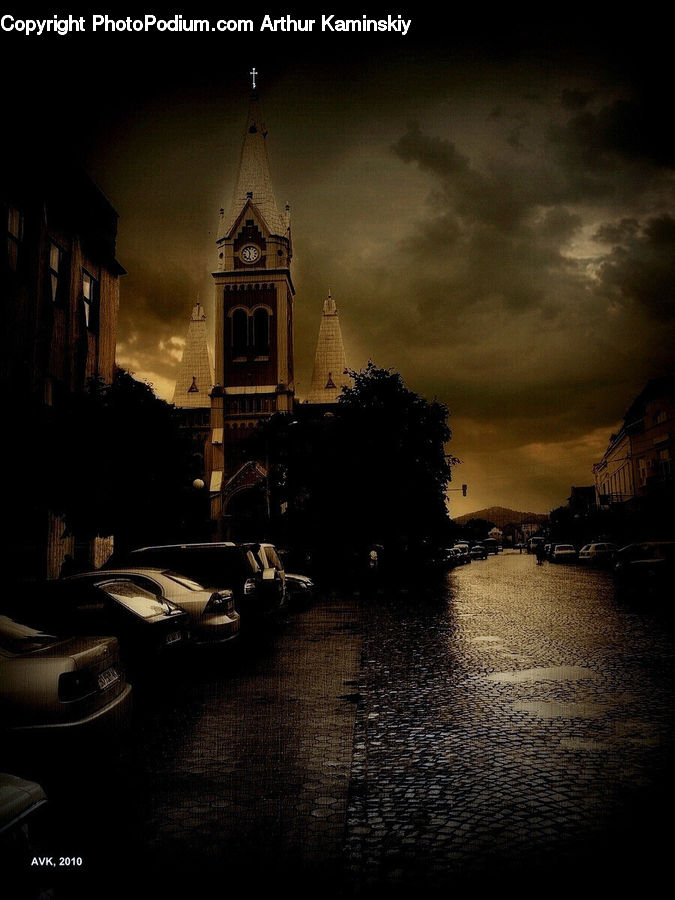 Architecture, Bell Tower, Clock Tower, Tower, Night, Outdoors, Automobile