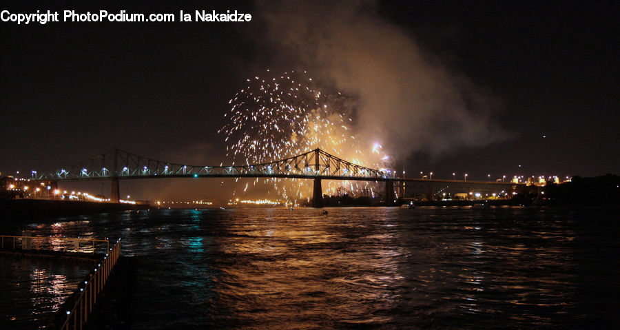 Fireworks, Night, Dock, Pier, Bridge, City, Downtown