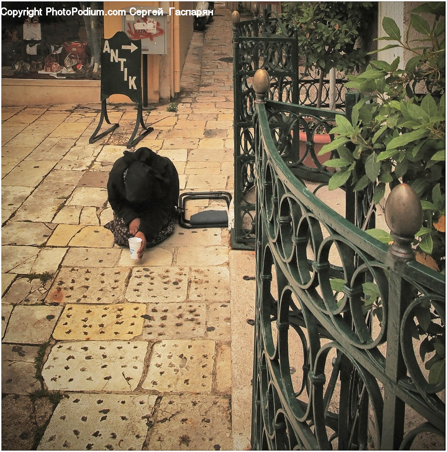 Railing, Herbal, Herbs, Plant, Planter, Cobblestone, Pavement