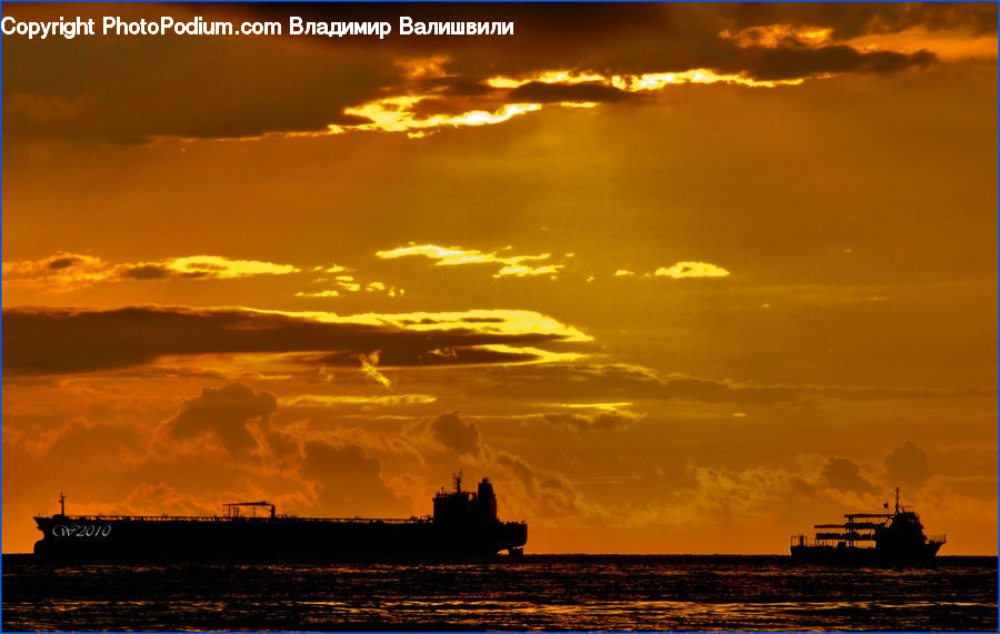 Freighter, Ship, Tanker, Vessel, Dawn, Dusk, Red Sky