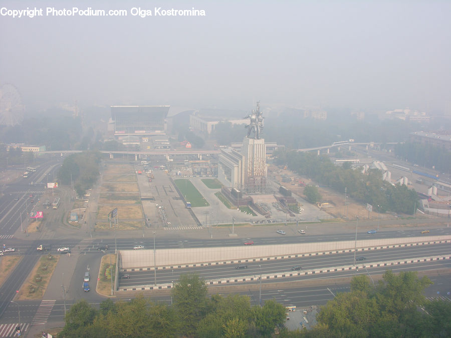 Aerial View, City, Downtown, Freeway, Road, Fog, Pollution