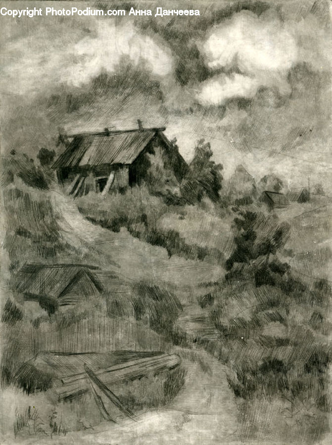 Drawing, Sketch, Countryside, Outdoors, Field, Rural