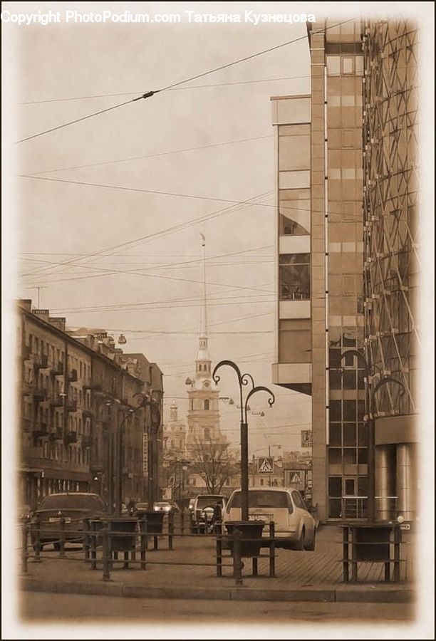 Bench, Car, Wagon, Apartment Building, Building, High Rise, Furniture