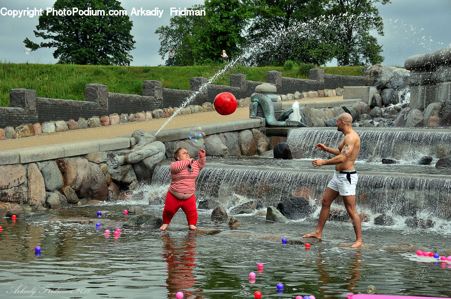 People, Person, Human, Shorts, Water, Fountain, Rock