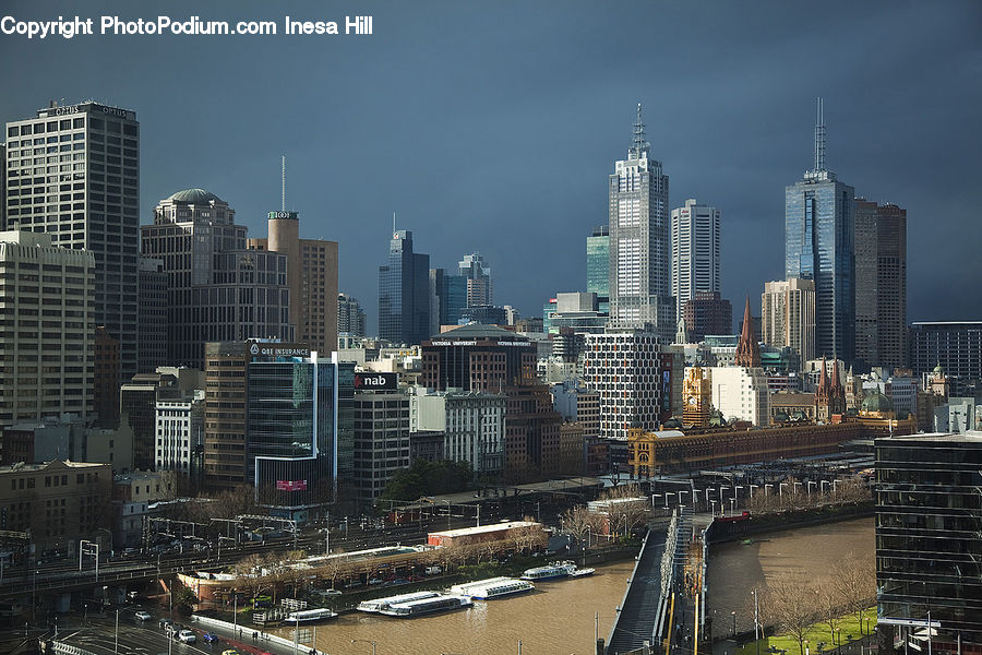 City, Downtown, Metropolis, Urban, Intersection, Road, Building