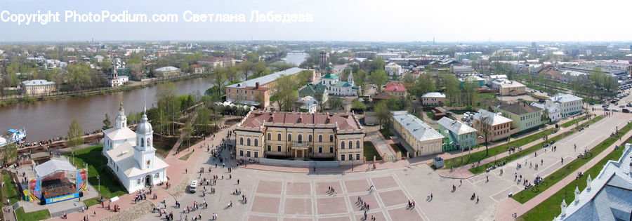Architecture, Downtown, Plaza, Town Square, Aerial View, Church, Worship
