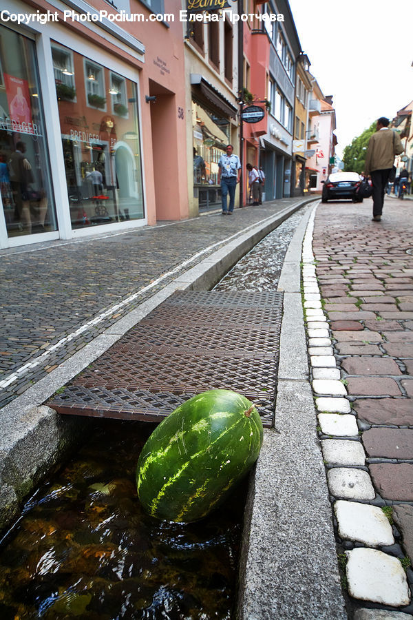 Shop, Fruit, Watermelon, Cobblestone, Pavement, Walkway, Cucumber