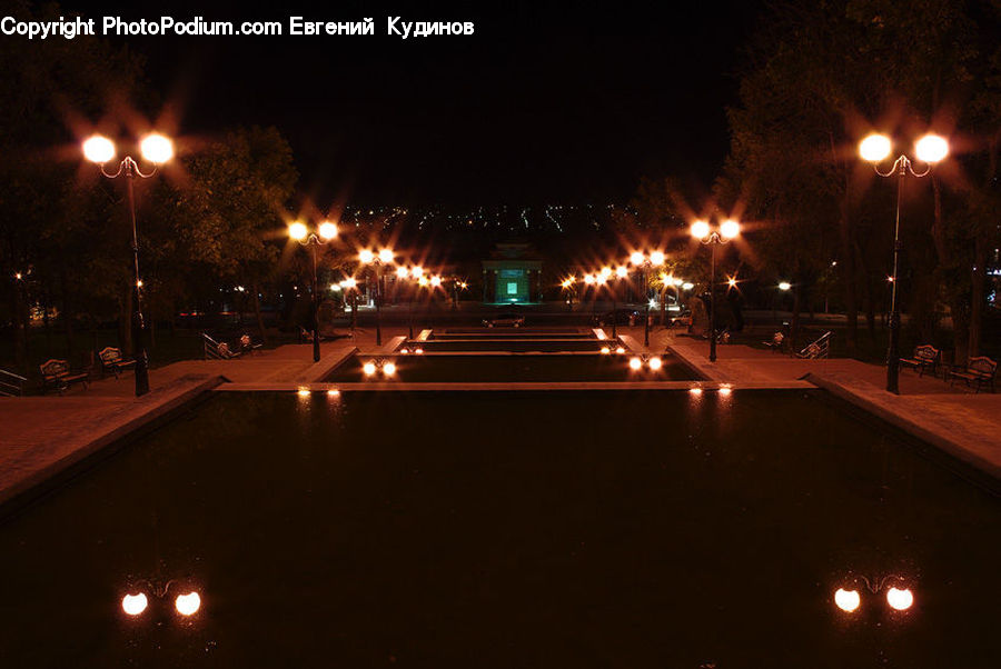 Fountain, Water, Asphalt, Tarmac, Lighting, City, Downtown