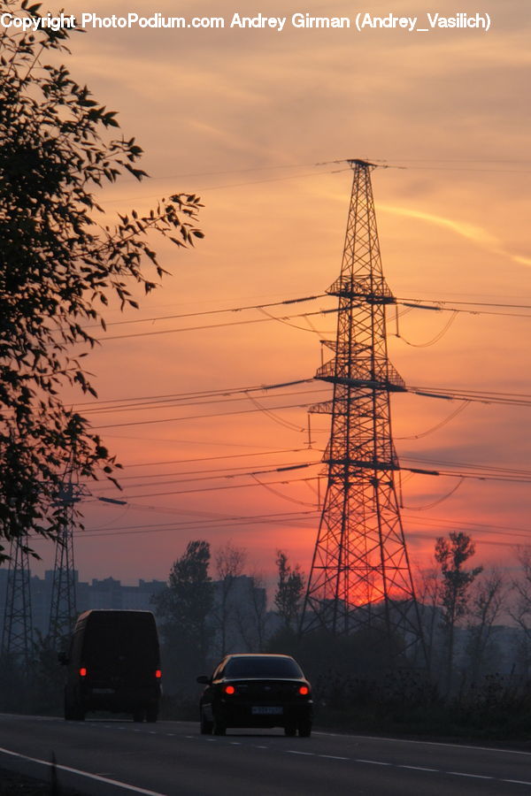 Cable, Electric Transmission Tower, Power Lines, Automobile, Car, Vehicle, Dusk