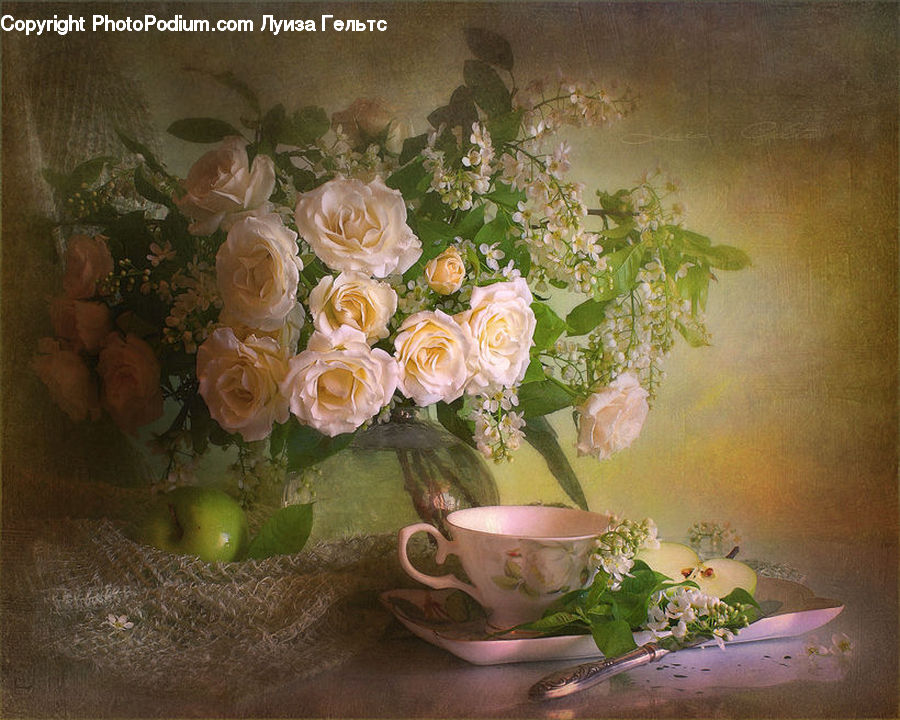 Plant, Potted Plant, Herbs, Mint, Porcelain, Saucer, Floral Design