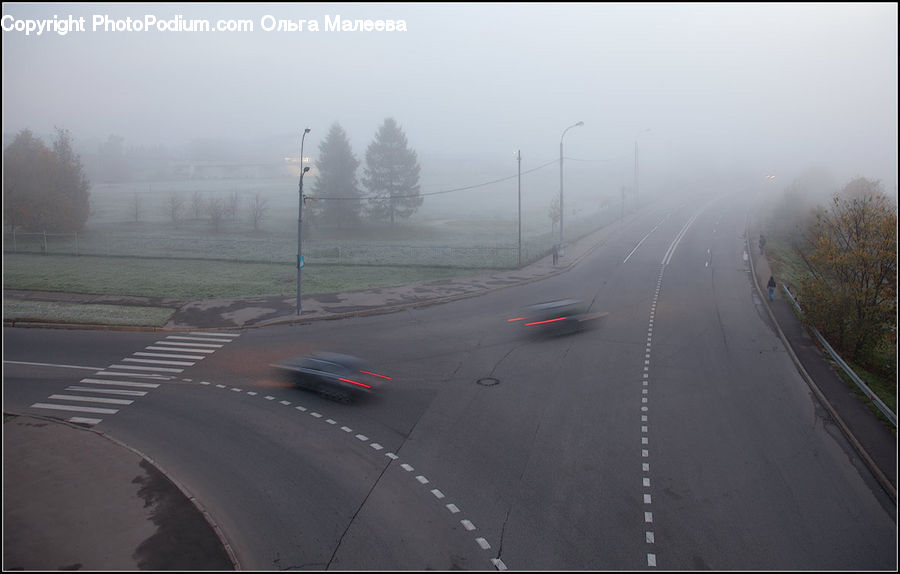 Fog, Freeway, Road, Asphalt, Tarmac, Highway, Intersection