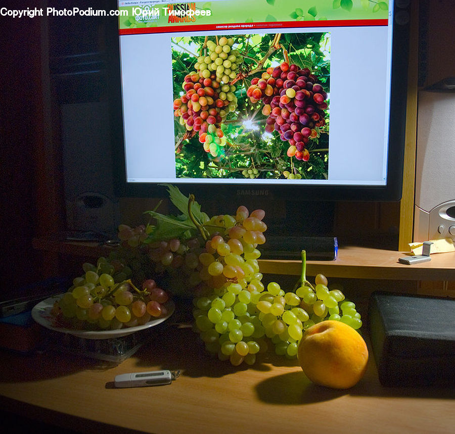 Fruit, Grapes, Bowl, Market, Produce, Electronics, LCD Screen