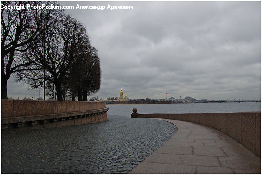 Bench, Waterfront, Cobblestone, Pavement, Walkway, Building, Office Building