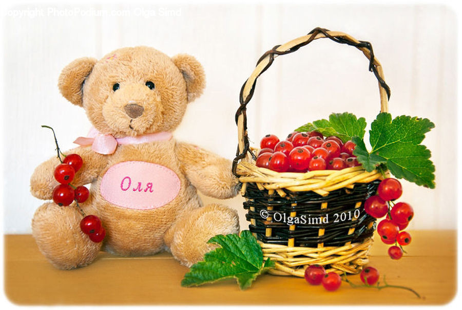 Basket, Teddy Bear, Toy, Food, Leaf, Plant, Produce