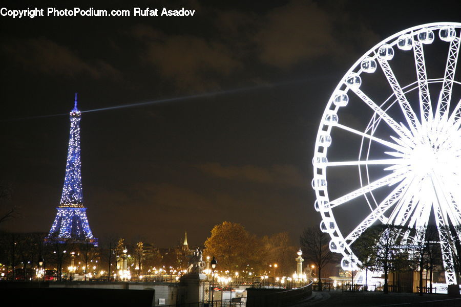 Architecture, Tower, Ferris Wheel, Lighting, Night, Outdoors, Spire