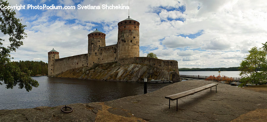 Architecture, Castle, Fort, Lake, Outdoors, Water, Bench