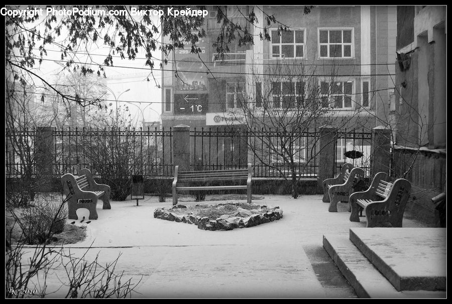 Park Bench, Bench, Brick, Ice, Outdoors, Snow, Downtown