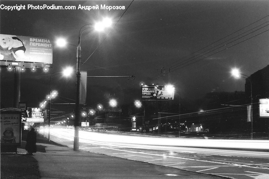 Intersection, Road, Billboard, Lighting, City, Downtown, Urban