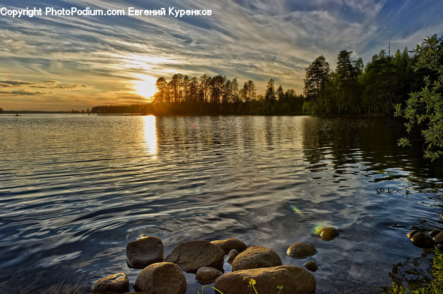 Lake, Outdoors, Water, Rock, Flare, Light, Sunlight