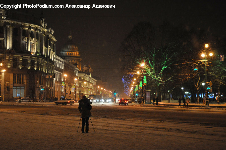 Architecture, Downtown, Plaza, Town, Town Square, Night, Outdoors