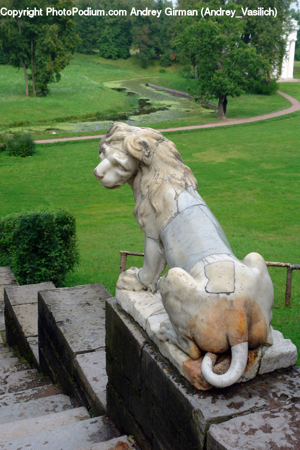 Art, Sculpture, Statue, Gargoyle, Park Bench, Field, Grass