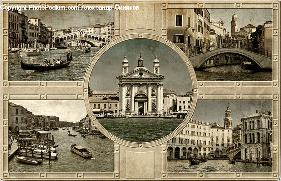 Boat, Gondola, Collage, Poster, Architecture, Church, Worship