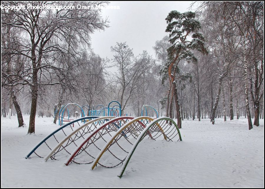 Bench, Playground, Ice, Outdoors, Snow, Park, Plant