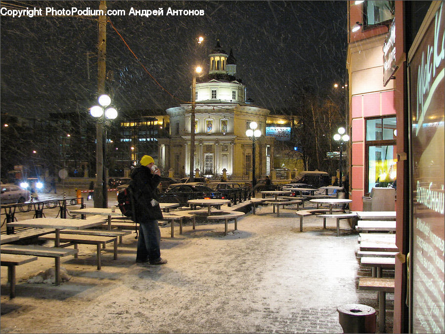 Blizzard, Outdoors, Snow, Weather, Winter, Bench, Cobblestone