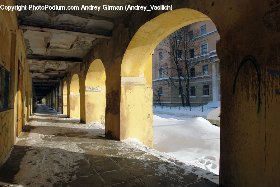 Flagstone, Patio, Column, Pillar, Corridor, Arch, Apartment Building