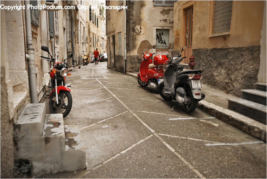 Scooter, Vehicle, Motor Scooter, Motorcycle, Vespa, Moped, Alley