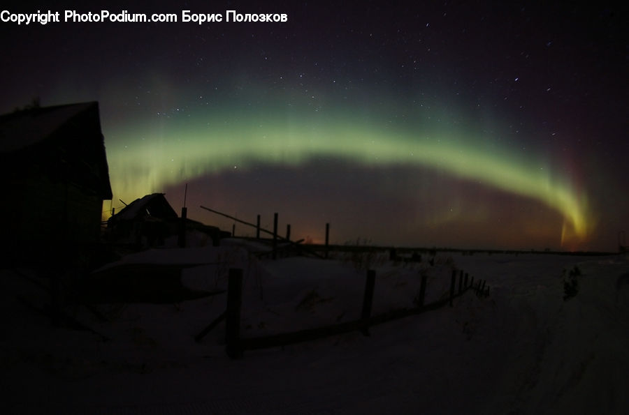 Aurora, Light, Night, Outdoors, Ice, Snow, Cabin