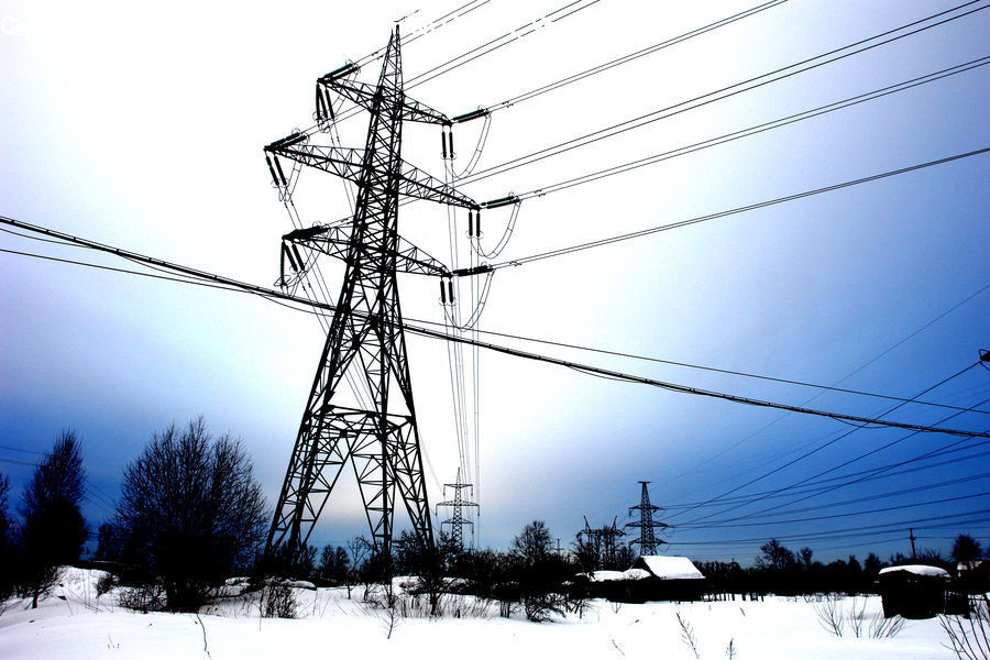 Cable, Electric Transmission Tower, Power Lines, Building, Cottage, Housing, Conifer