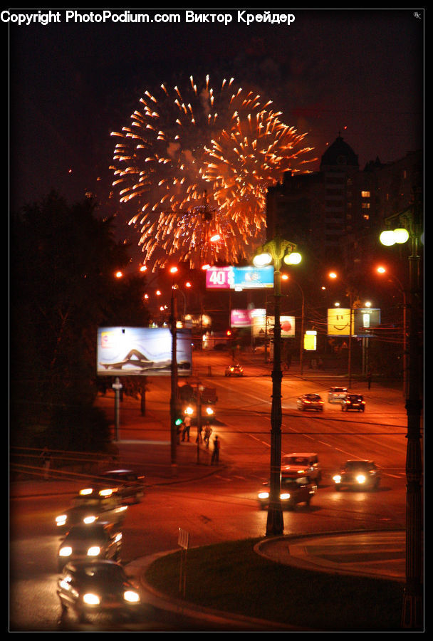 Fireworks, Night, Automobile, Car, Vehicle, City, Downtown