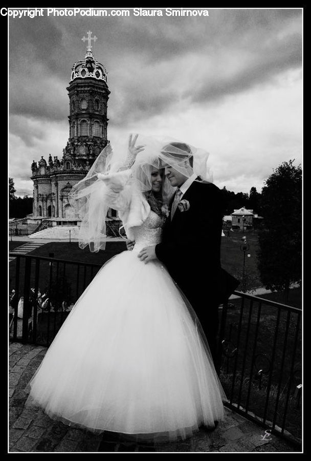 Architecture, Bell Tower, Clock Tower, Tower, Bride, Gown, Person