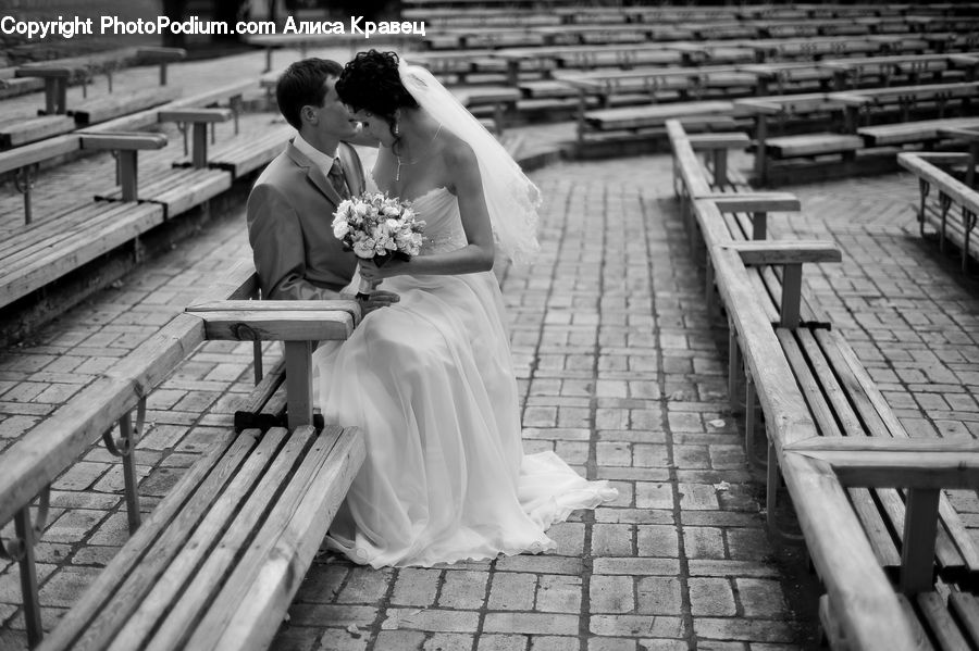 People, Person, Human, Bench, Bride, Gown, Wedding