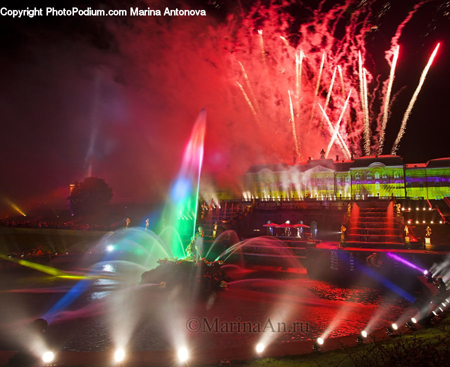 Fireworks, Night, Lighting, Fountain, Water, Club, Festival