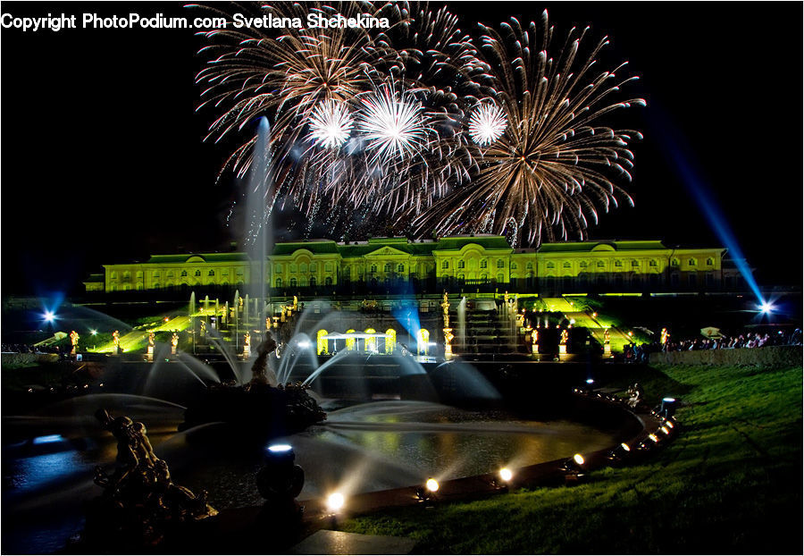 Fireworks, Night, Fountain, Water