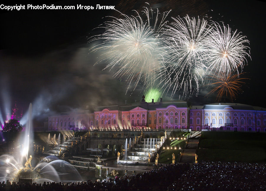 Fireworks, Night, Fountain, Water, City, Downtown, Outdoors