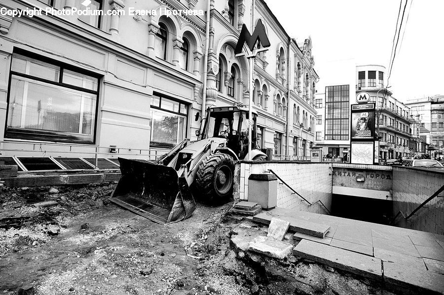 Downtown, Neighborhood, Town, Bench, Bulldozer, Tractor, Vehicle