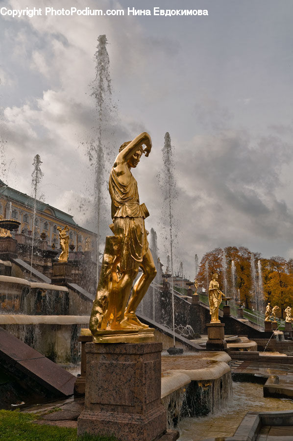 Fountain, Water, Bench, Art, Sculpture, Statue, Buddha
