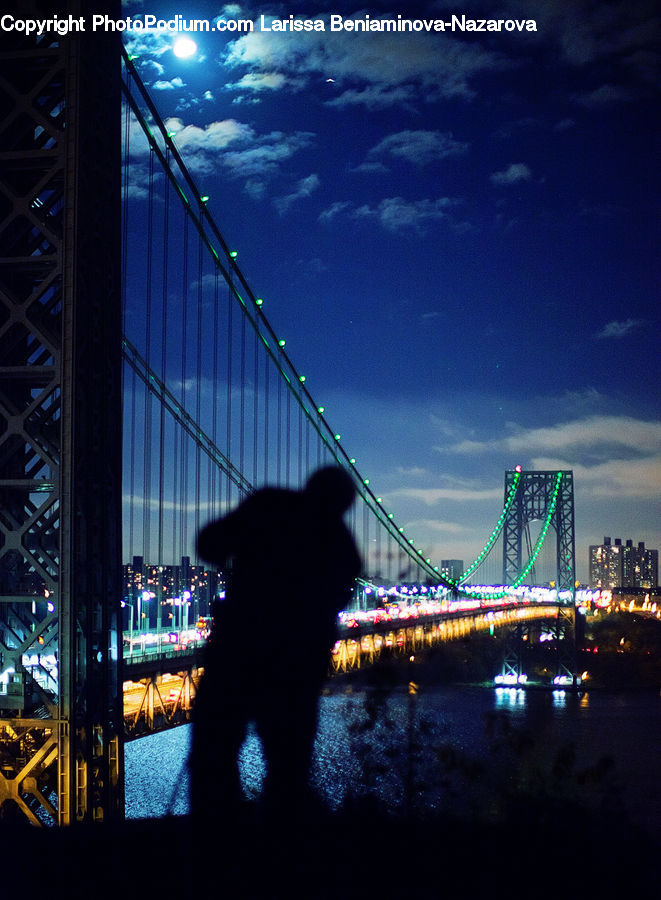 Bridge, Construction, Night, Outdoors, Silhouette, City, Downtown