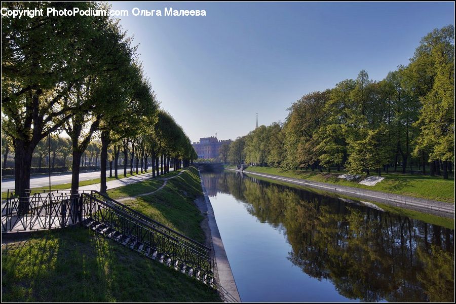 Canal, Outdoors, River, Water, Bench, Fence, Boardwalk