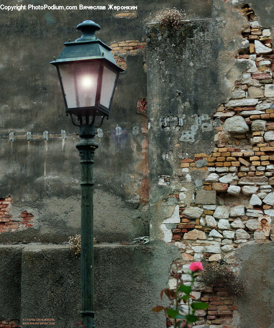 Lantern, Lamp Post, Pole, Rubble, Fence, Wall, Agaric