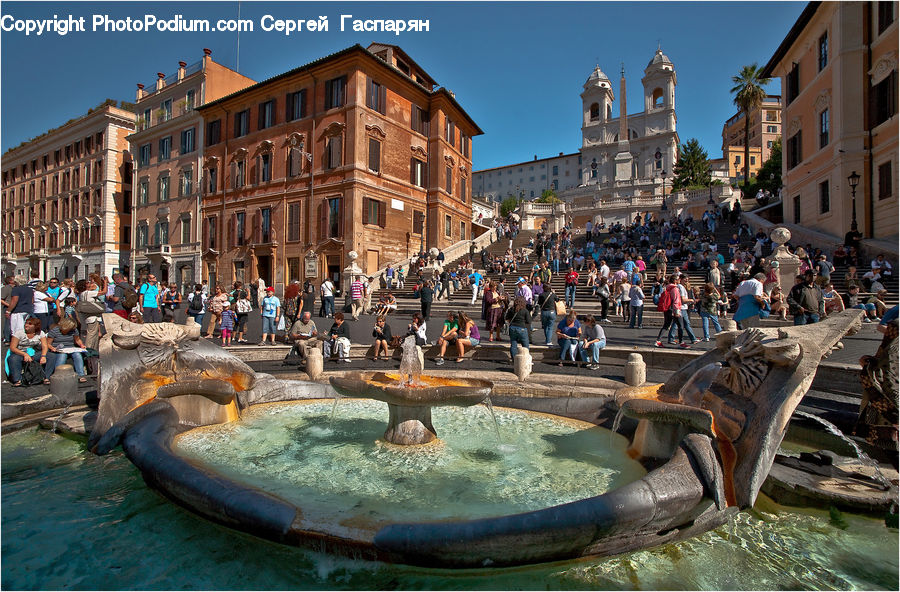 Fountain, Water, Architecture, Downtown, Plaza, Town Square, Crowd