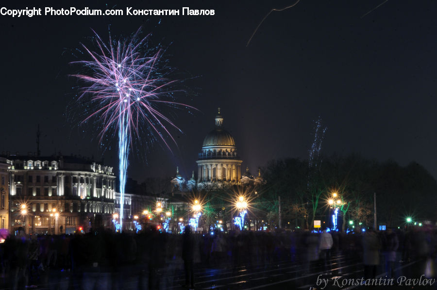 Fireworks, Night, City, Downtown, Metropolis, Urban, Architecture