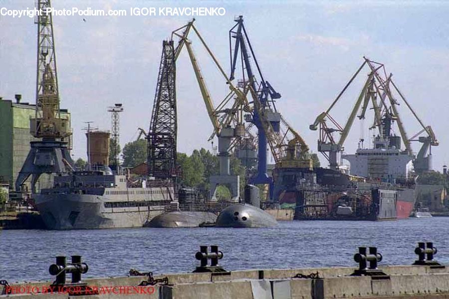 Constriction Crane, Barge, Boat, Tugboat, Harbor, Port, Waterfront