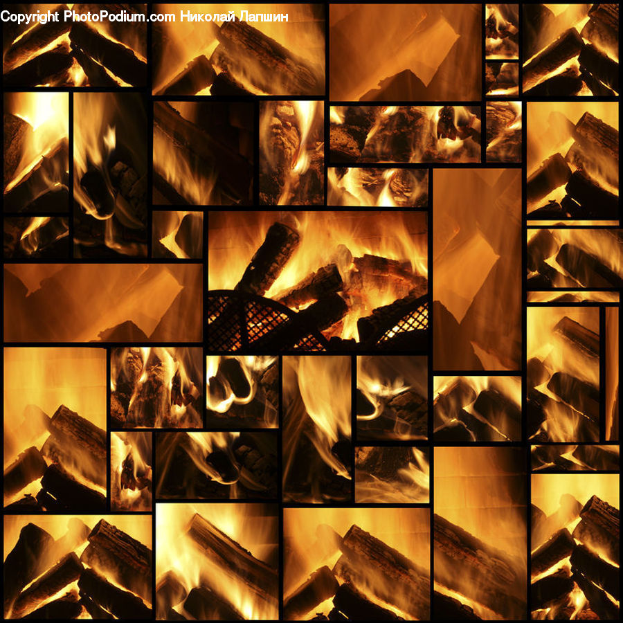 Collage, Poster, Fire, Fireplace, Hearth