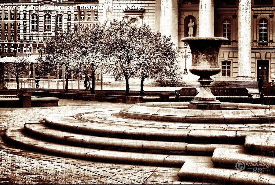 Fountain, Water, Boat, Watercraft, Bench, Architecture, Downtown