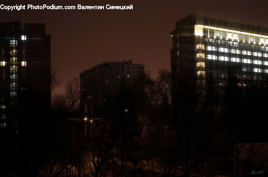 Building, Housing, City, High Rise, Night, Outdoors, Apartment Building
