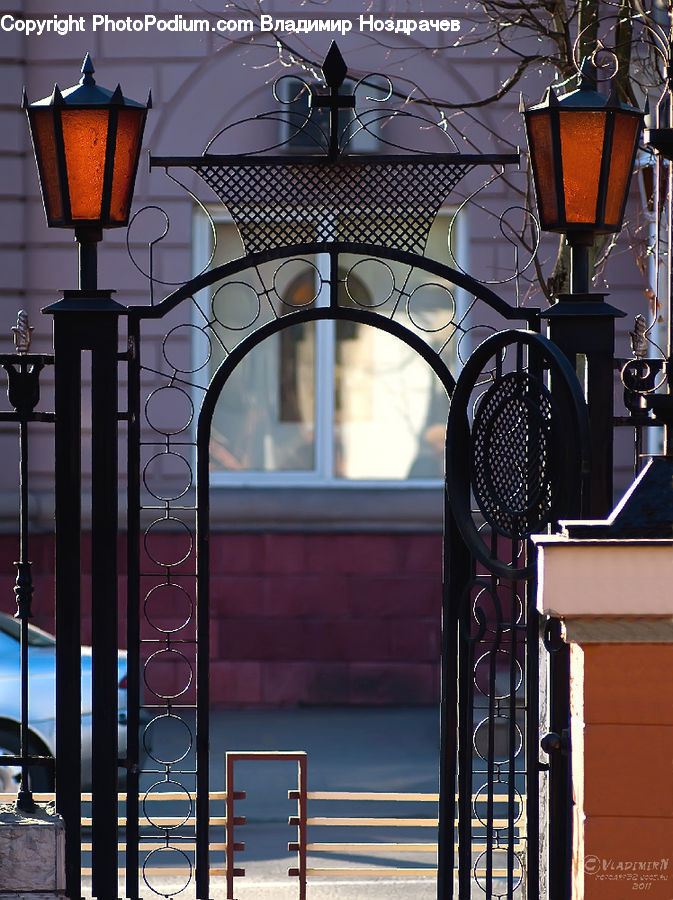 Arch, Gate, Lamp Post, Pole, Lighting, Logo, Trademark